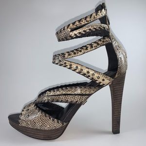 BCBG Maxazria Sneak Skin Leather Strap Heels - 7.5